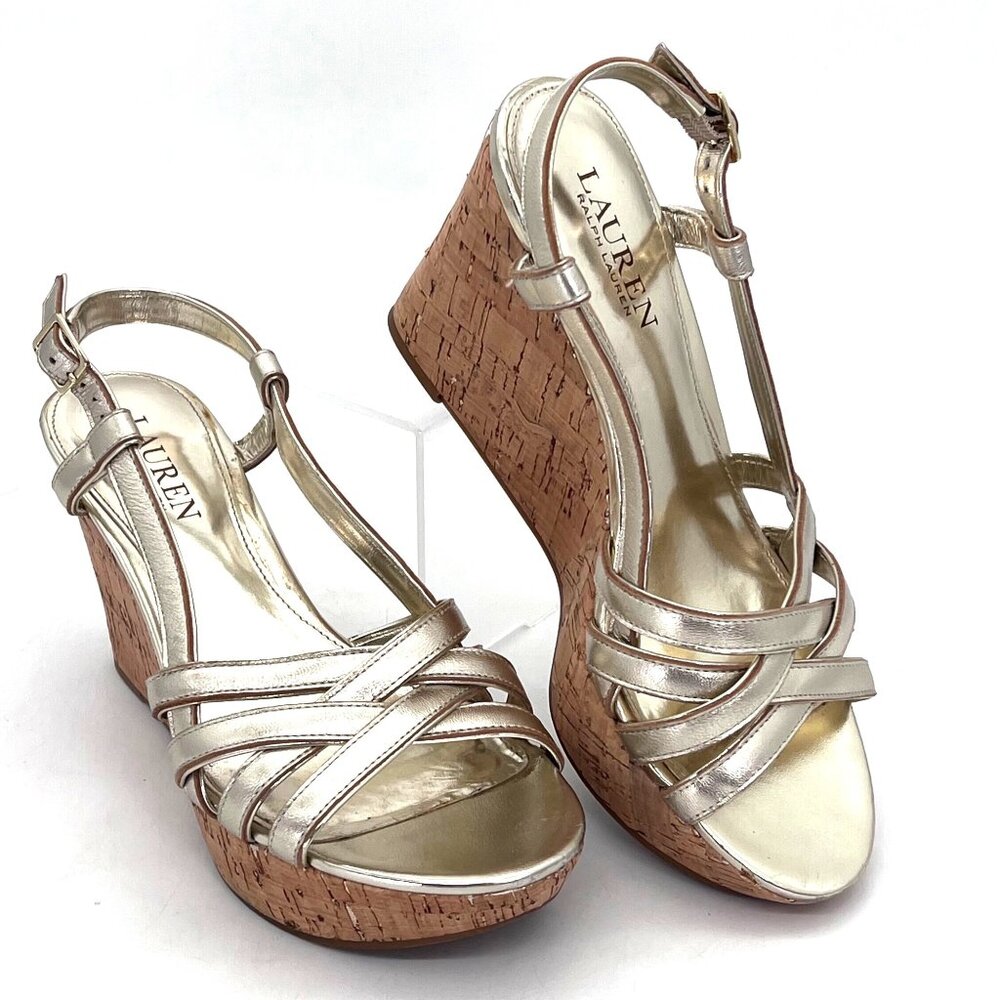 Lauren Ralph Lauren Gold Strappy Cork Wedge Sandals Womens 7.5 Adjustable Strap - Picture 1 of 14